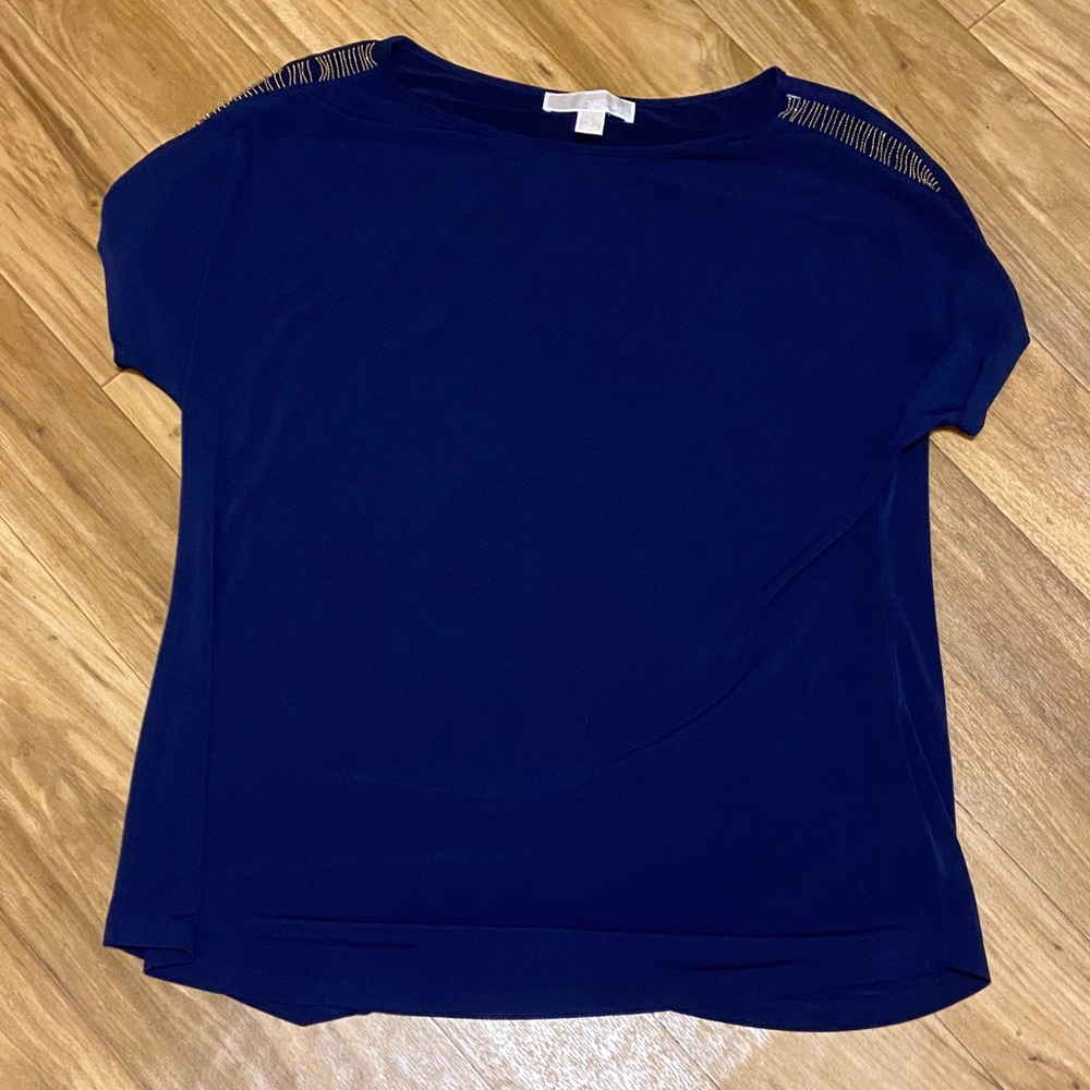 Michael Kors Navy Short Sleeve Top with Metallic Shoulder Detail